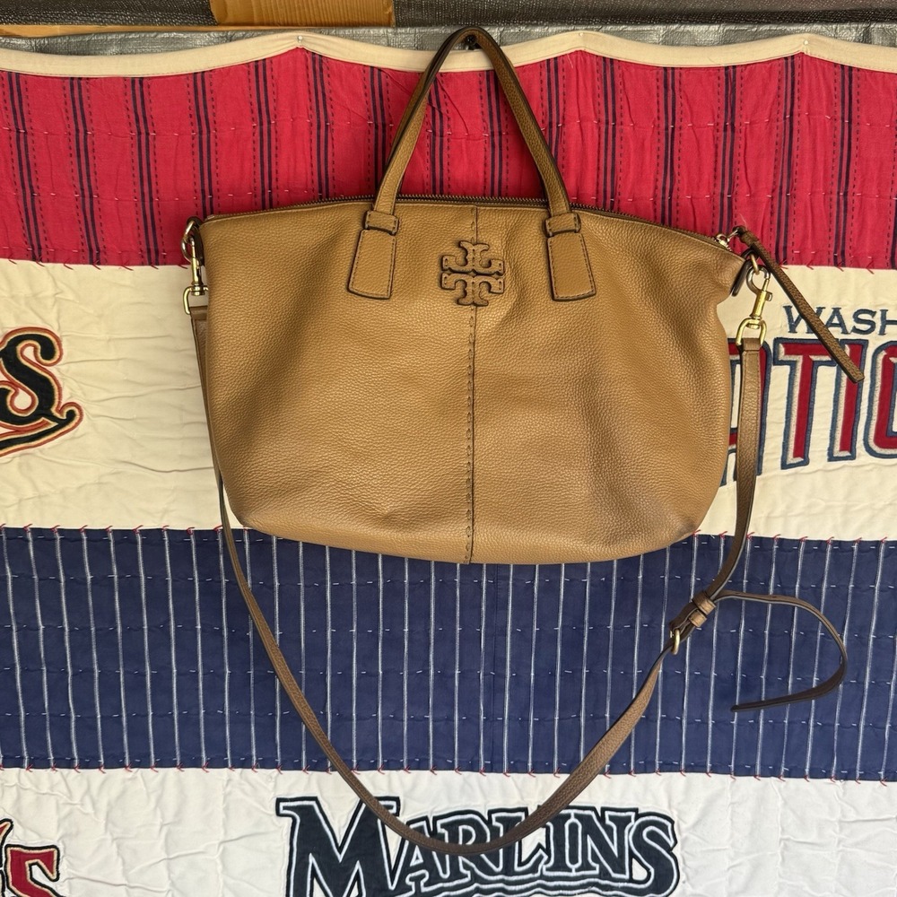 Tory Burch‎ Mcgraw Cream Pebble Leather Top Zip Satchel Crossbody